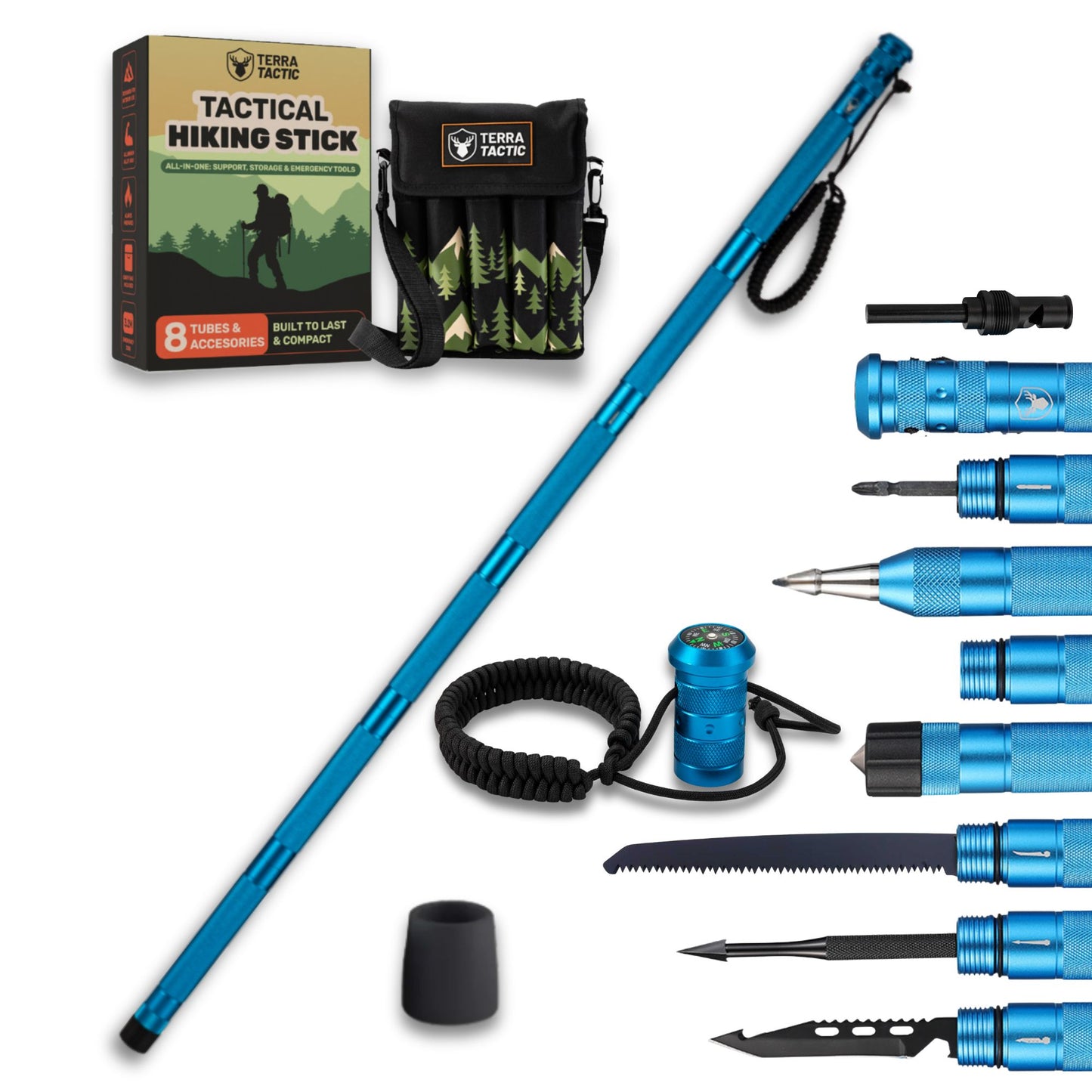 “15-in-1 tactical hiking stick in blue with detachable outdoor accessories on white background – Terra Tactic set”