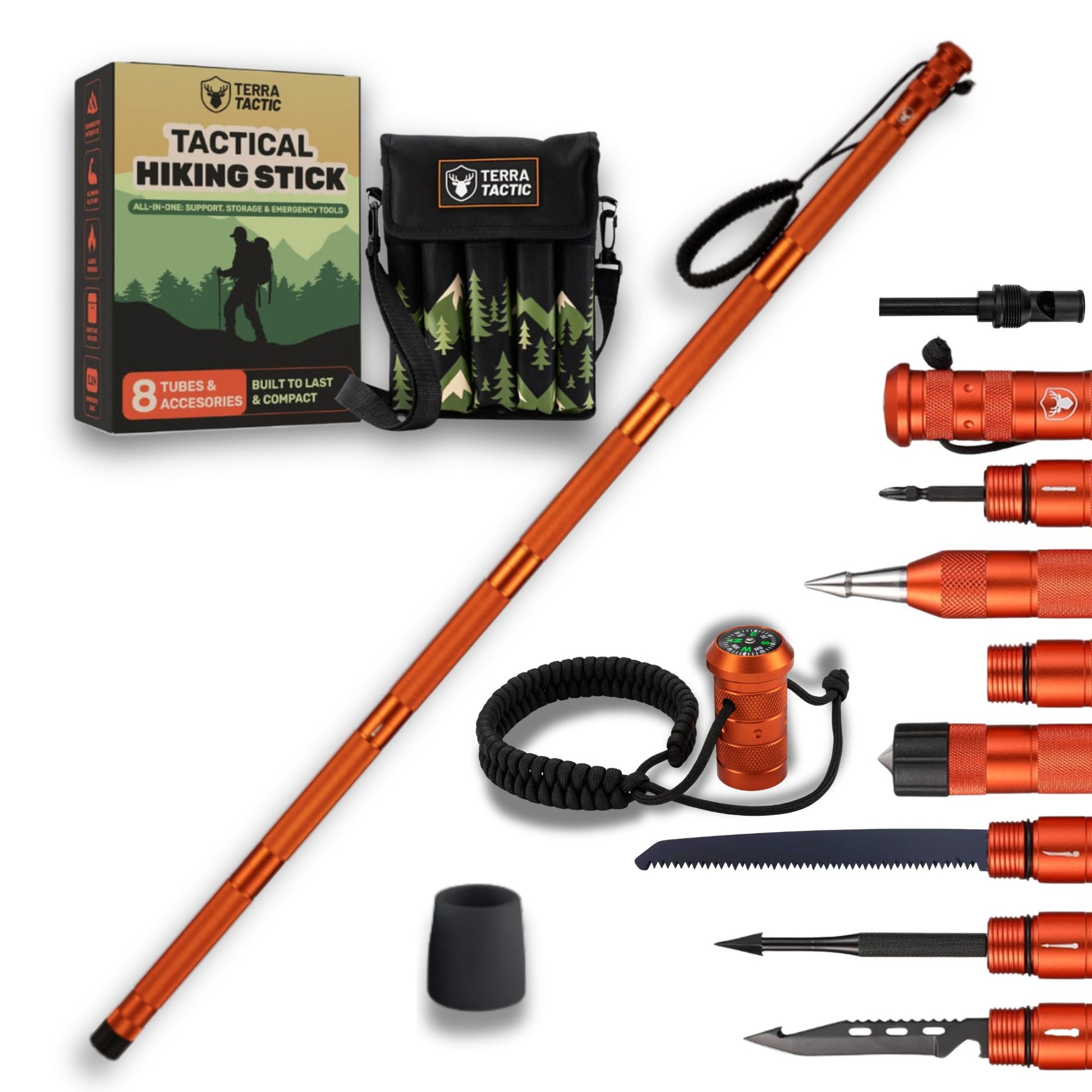 Tactical hiking stick in orange with modular outdoor accessories on white background – Terra Tactic 15-in-1 set