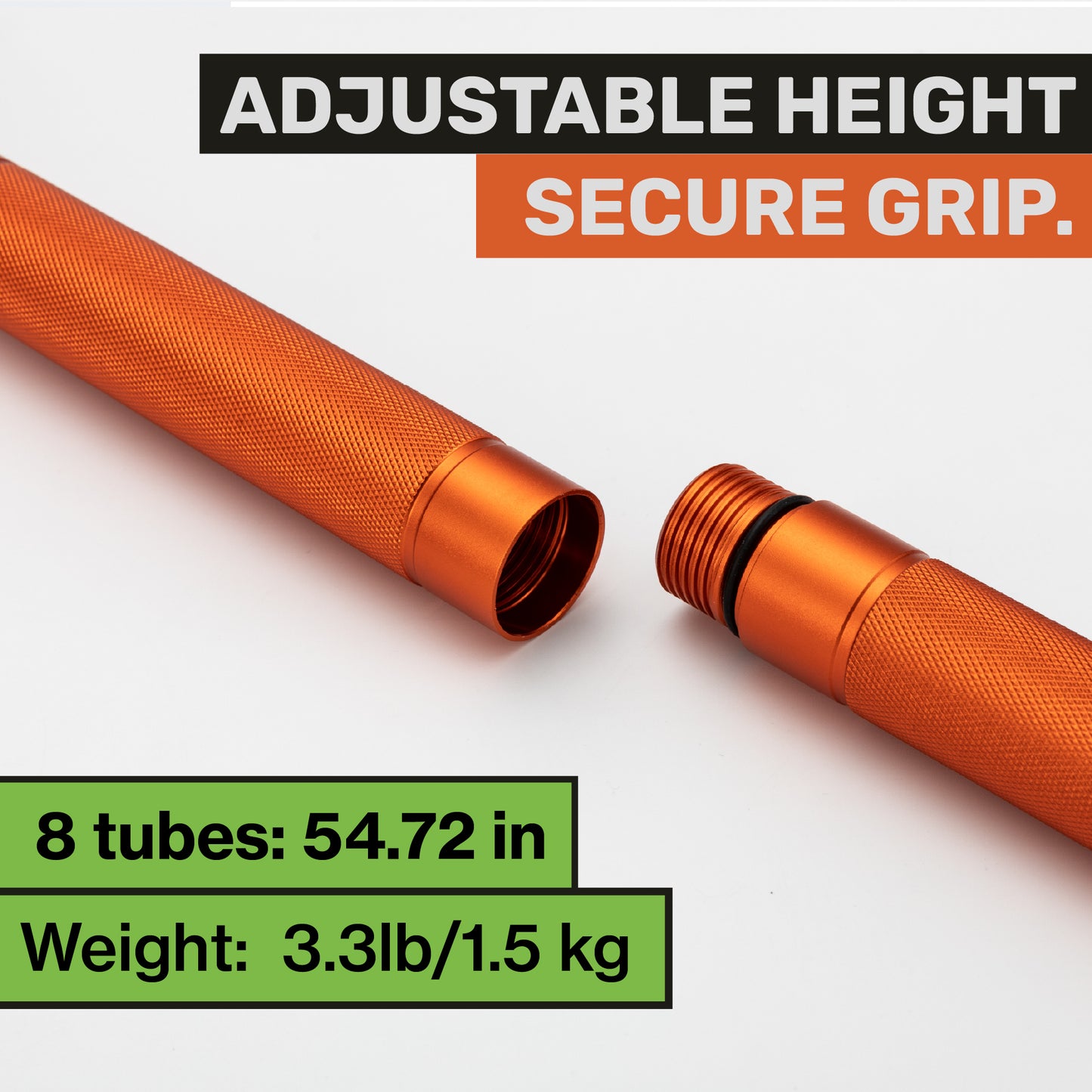 "Adjustable threaded sections of the orange survival hiking stick showing height customization"
