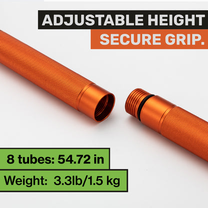 "Adjustable threaded sections of the orange survival hiking stick showing height customization"