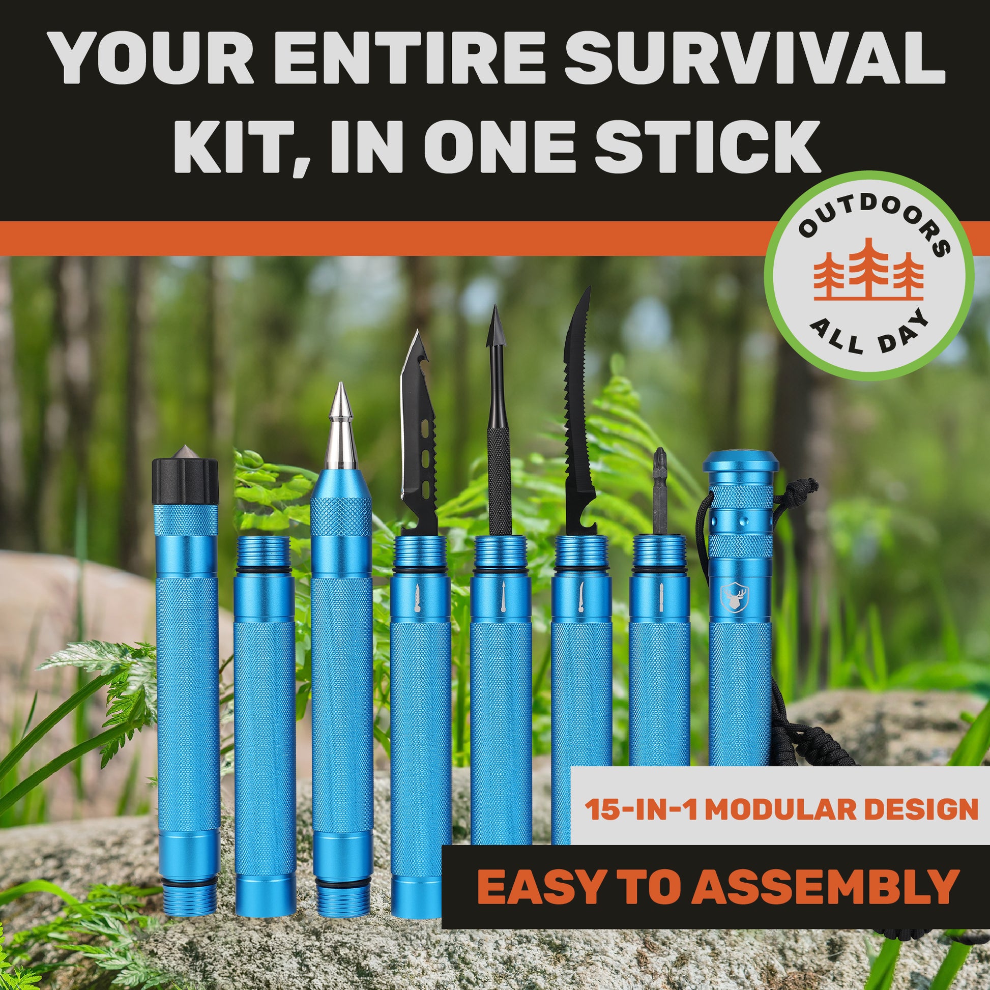 "Blue multifunctional hiking stick with outdoor accessories displayed vertically in forest setting"