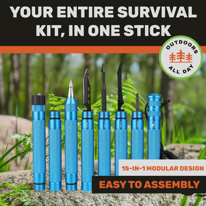 "Blue multifunctional hiking stick with outdoor accessories displayed vertically in forest setting"