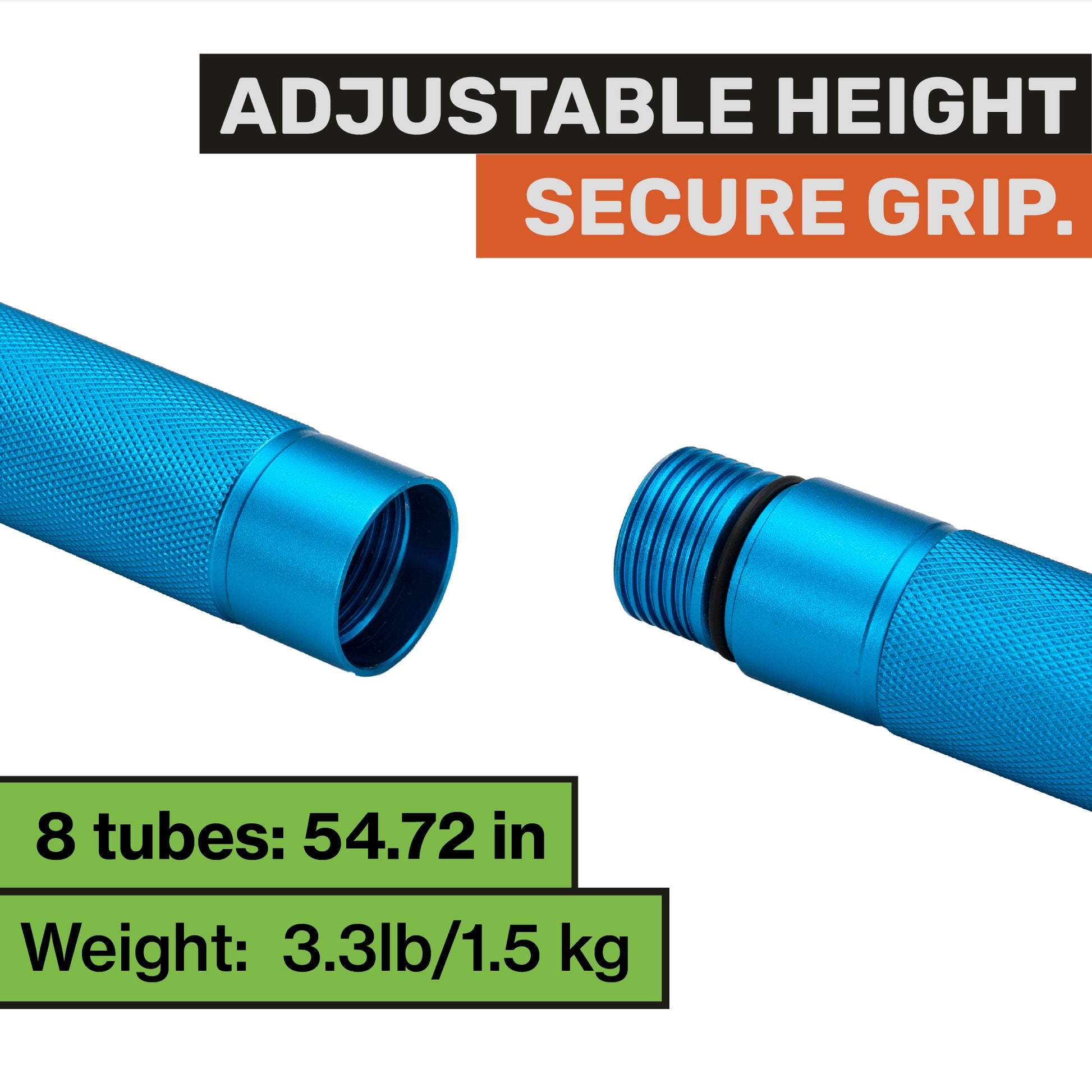 "Adjustable threaded sections of the blue survival stick showing height customization"
