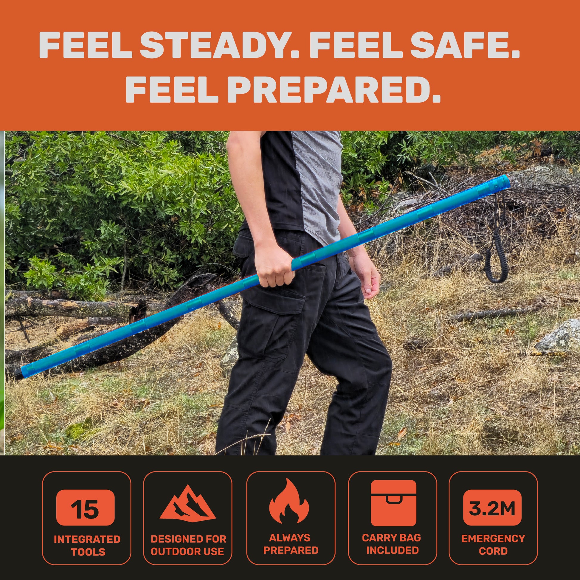 "Person hiking on trail holding blue hiking stick for outdoor support"