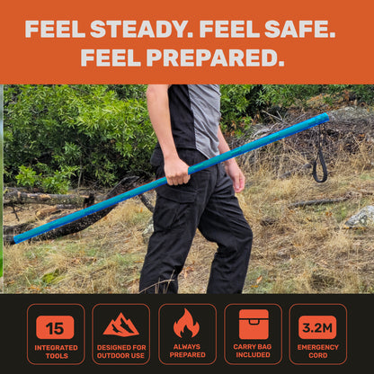 "Person hiking on trail holding blue hiking stick for outdoor support"