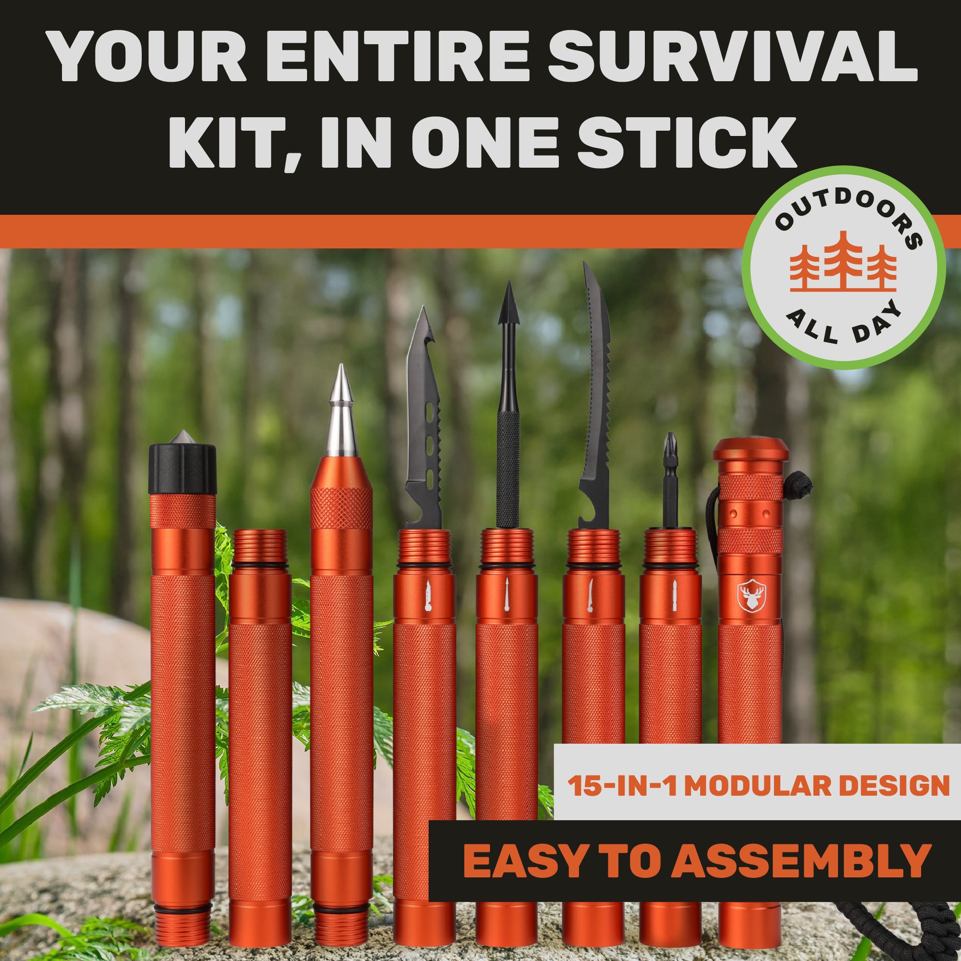 "Orange Terra Tactic walking stick with outdoor accessories displayed vertically in forest setting"
