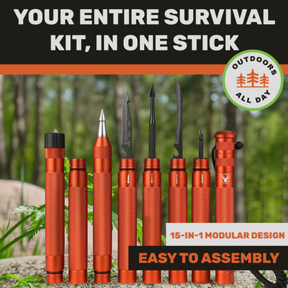 "Orange Terra Tactic walking stick with outdoor accessories displayed vertically in forest setting"
