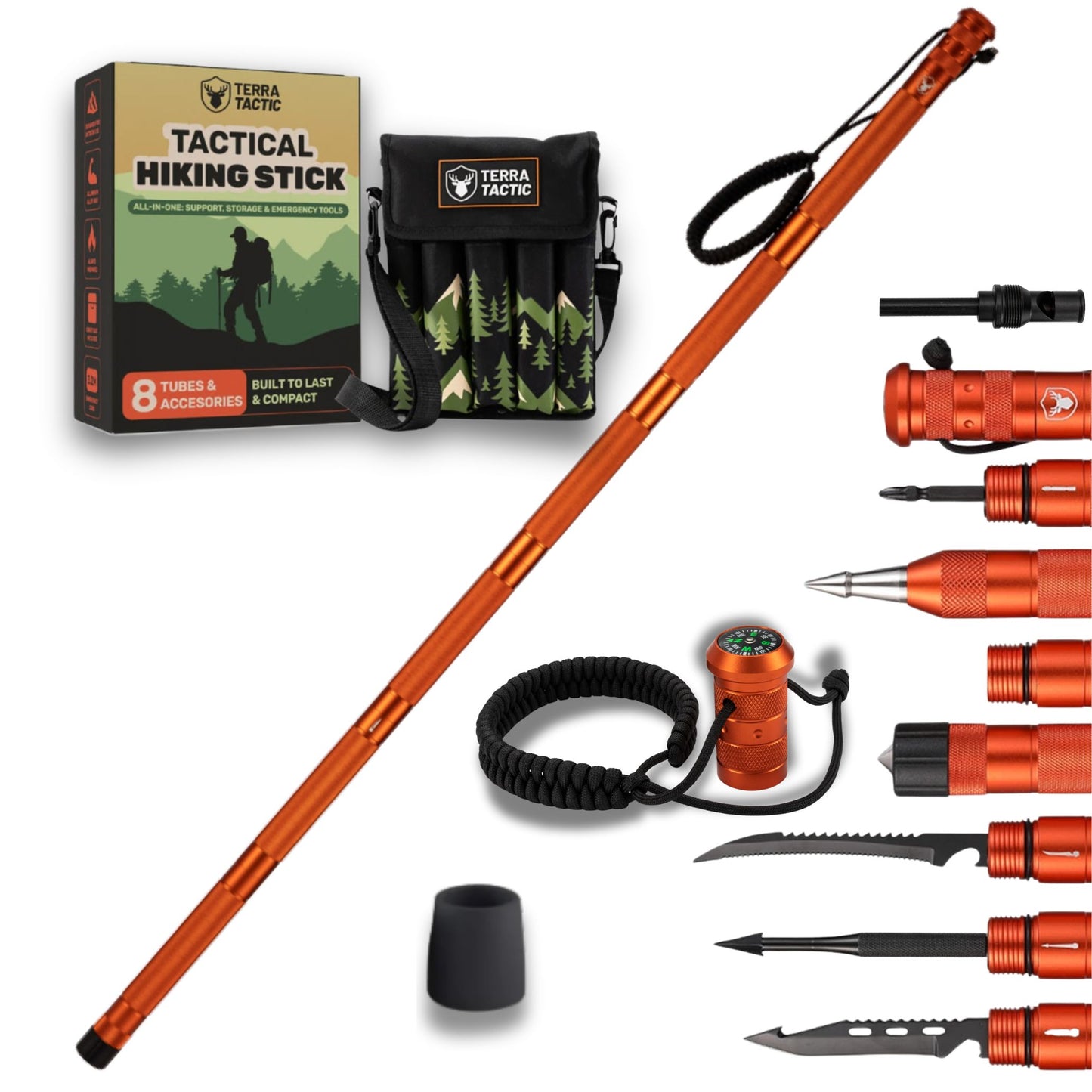 Tactical hiking stick in orange with modular outdoor accessories on white background – Terra Tactic 15-in-1 set