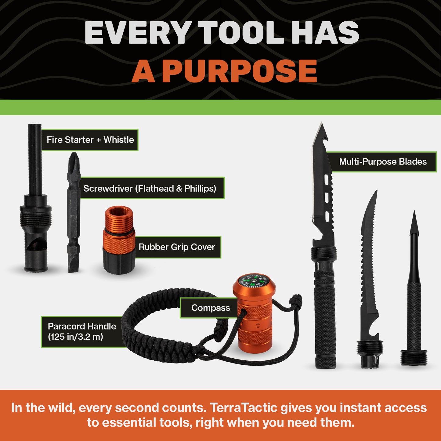"Orange Terra Tactic survival stick accessories including grip, cord and multipurpose outdoor attachments"